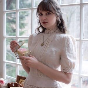 Vintage-Inspired Lace Trim Ivory Blouse